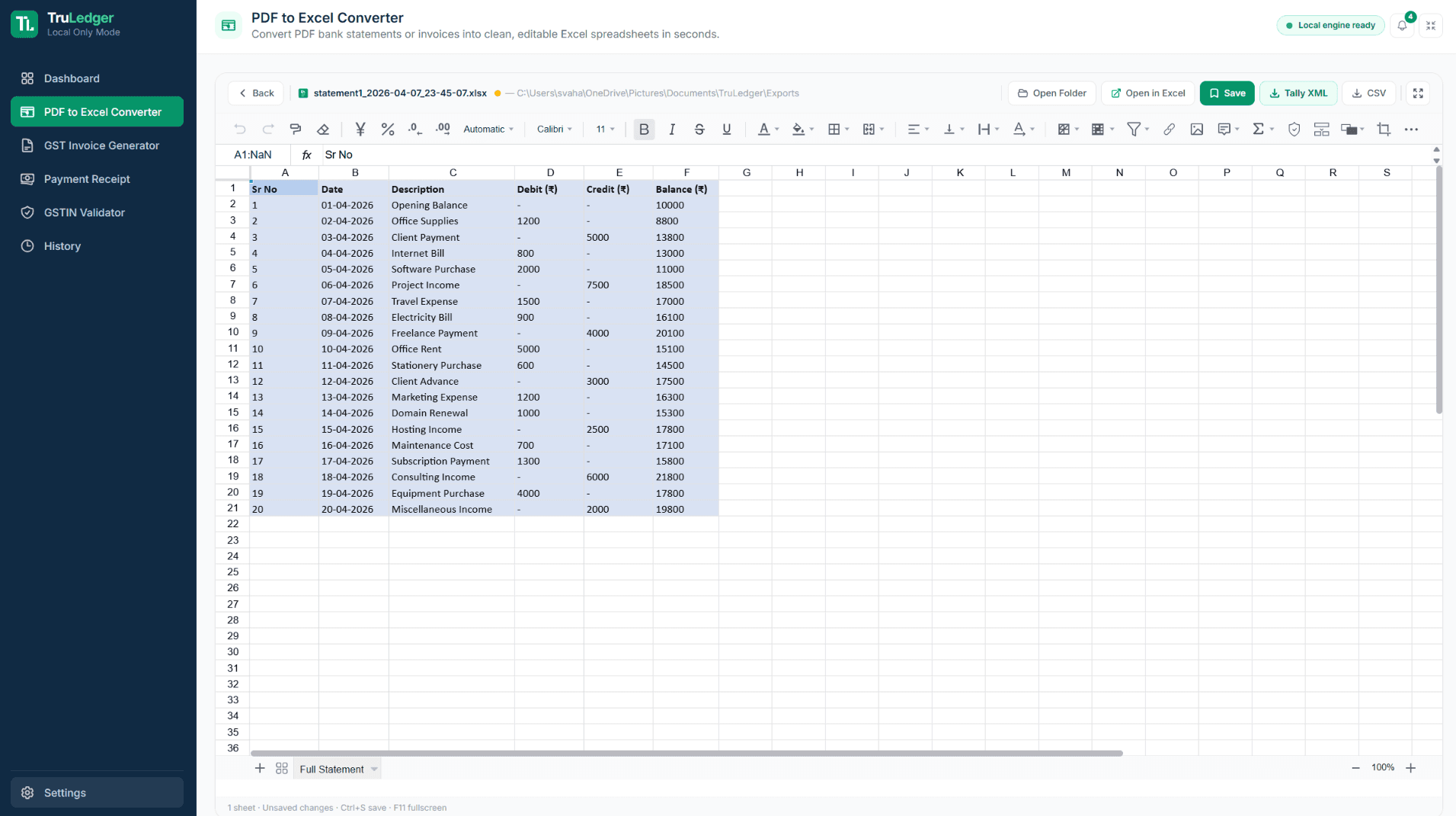 Built-In Spreadsheet Editor (No MS Office Required)